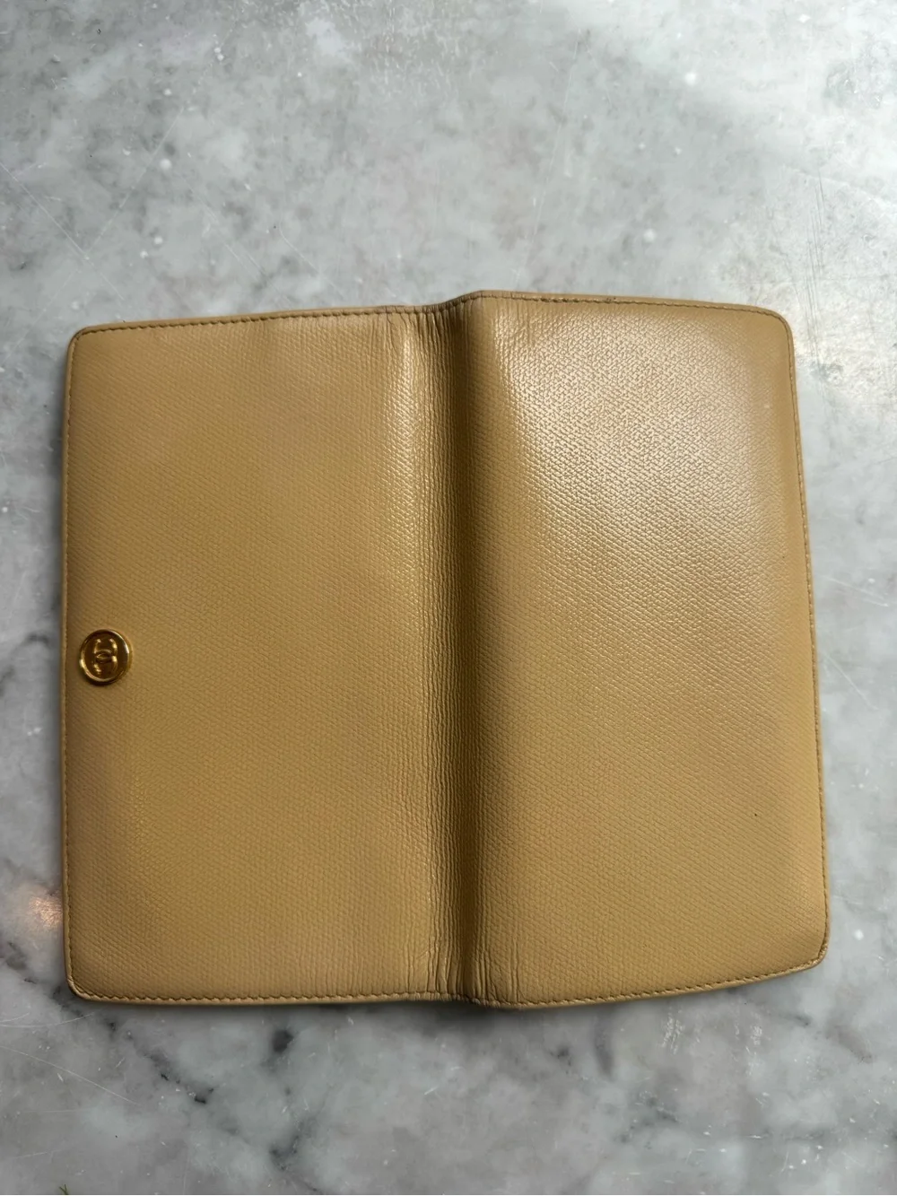 CHANEL Beige Leather Long Wallet with Gold CC Button